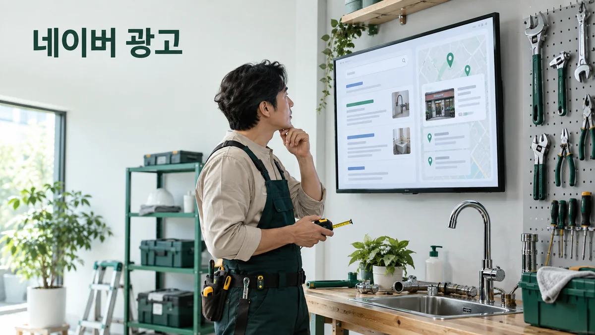 생활 서비스 운영자가 도구 작업대 옆에서 검색·지역 광고 구성을 검토하는 기획 이미지입니다.