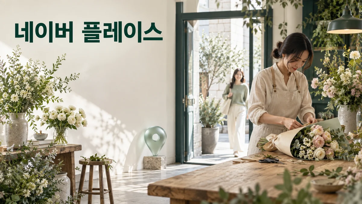 꽃 작업실에서 꽃다발을 포장하는 직원과 입구로 들어오는 방문객을 담은 기획 이미지입니다.