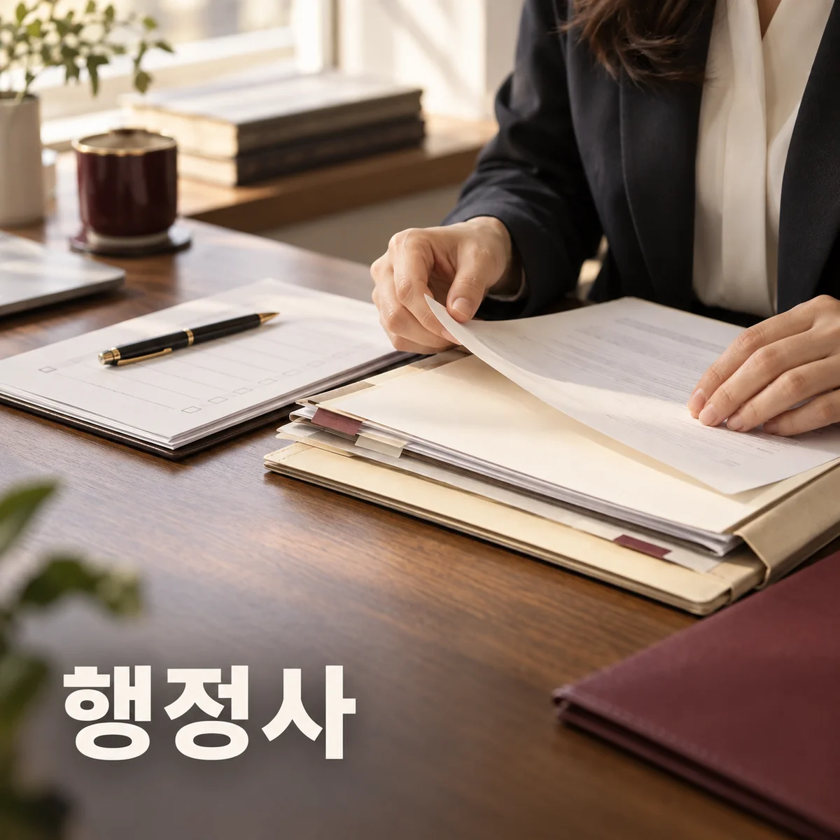 행정 상담에 사용할 서류철과 신청 자료를 책상에서 정리하는 기획 이미지