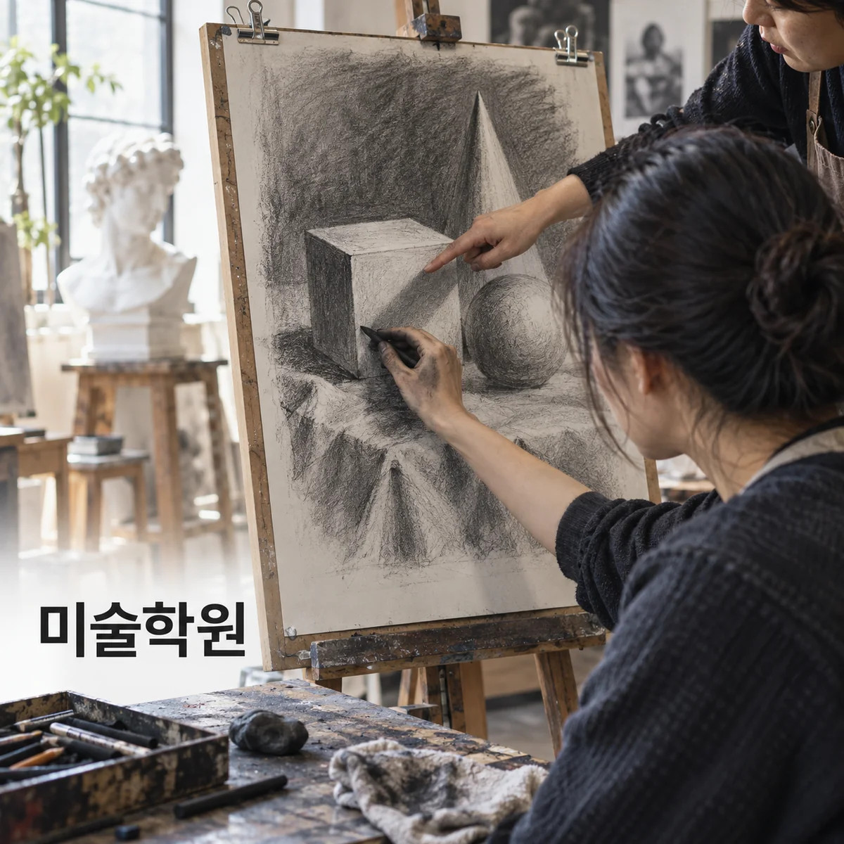 미술학원에서 이젤에 놓인 정물 소묘의 명암을 살펴보는 기획 이미지