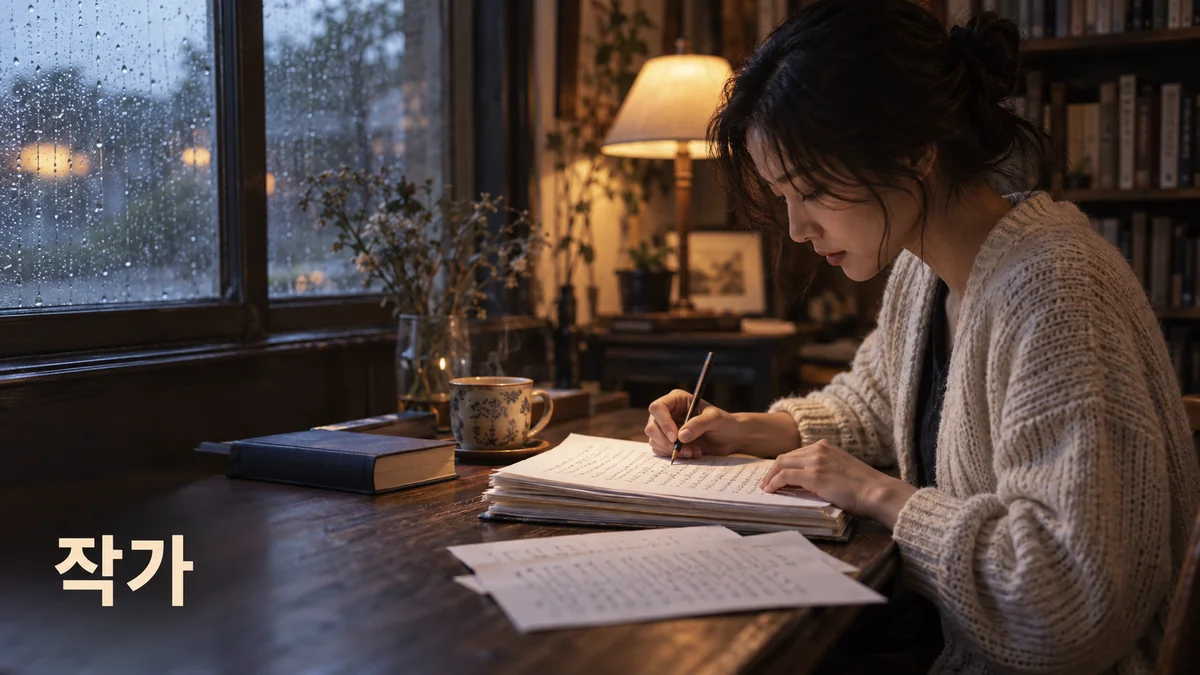 창가의 책상에서 작가가 연필로 원고를 다듬는 기획 이미지