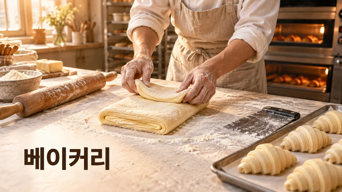 베이커리 작업대에서 제빵사가 페이스트리 반죽을 접는 기획 이미지