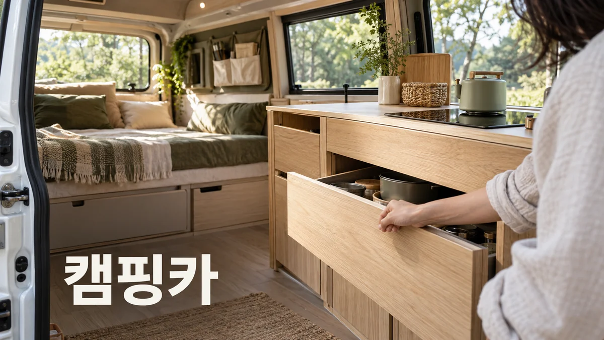 캠핑카의 열린 문 너머로 주방과 침상 구조를 살펴보고 수납 서랍을 확인하는 기획 이미지