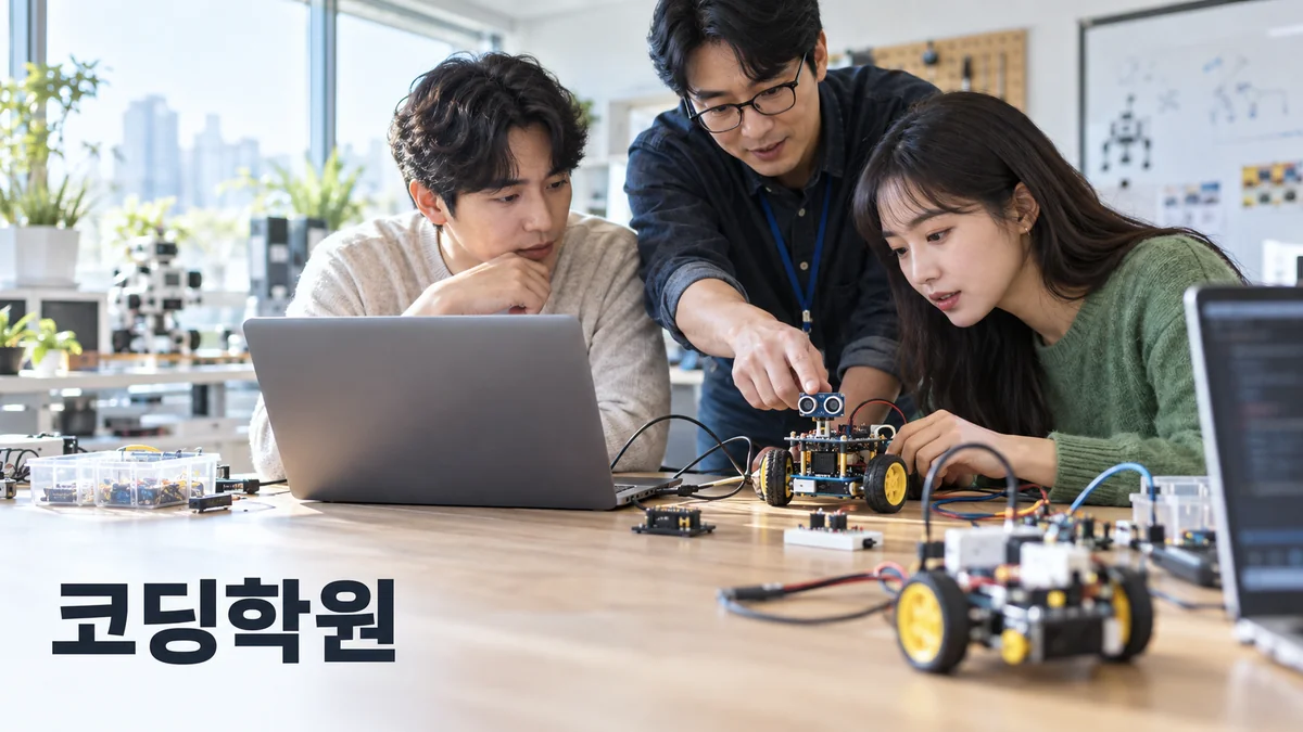 코딩학원에서 성인 수강생들이 교육용 로봇을 연결하는 모습을 표현한 기획 이미지.