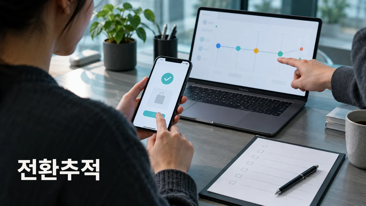 휴대폰의 주문 확인 화면과 노트북의 이벤트 기록을 대조하는 전환추적 기획 이미지.