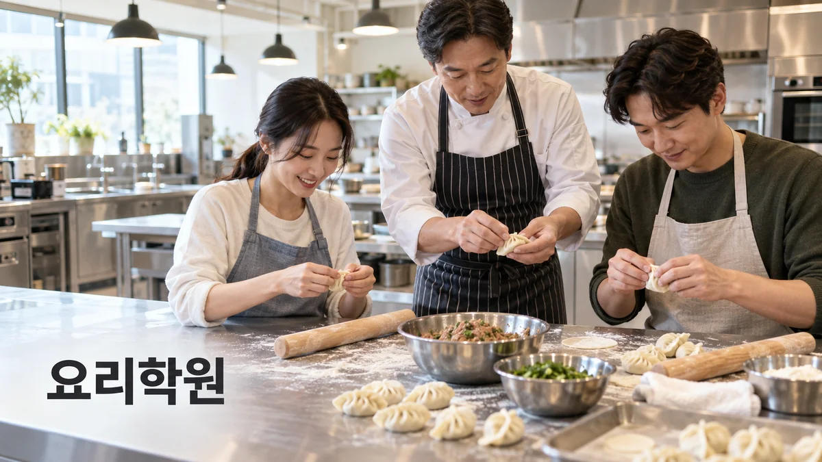요리학원에서 강사와 성인 수강생들이 만두를 빚는 모습을 표현한 기획 이미지.