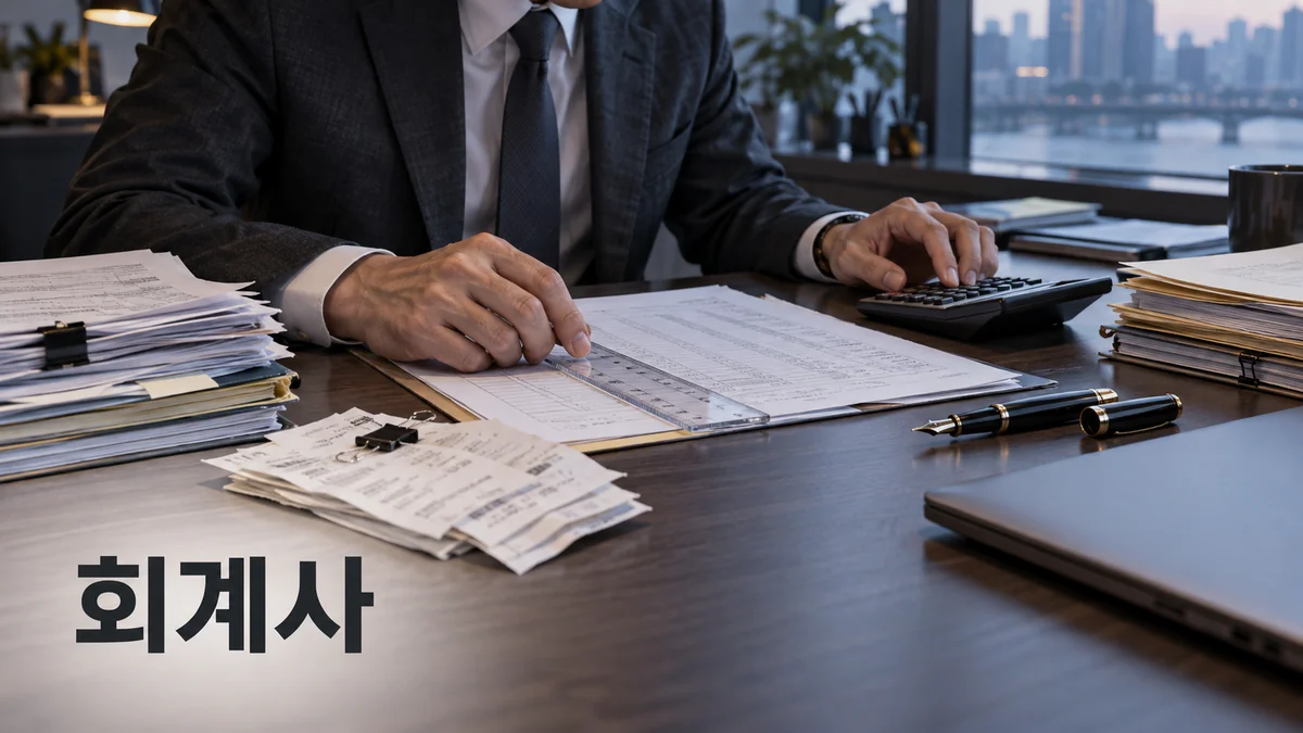 회계사가 계산기와 서류를 대조하며 자료를 검토하는 모습을 표현한 기획 이미지.
