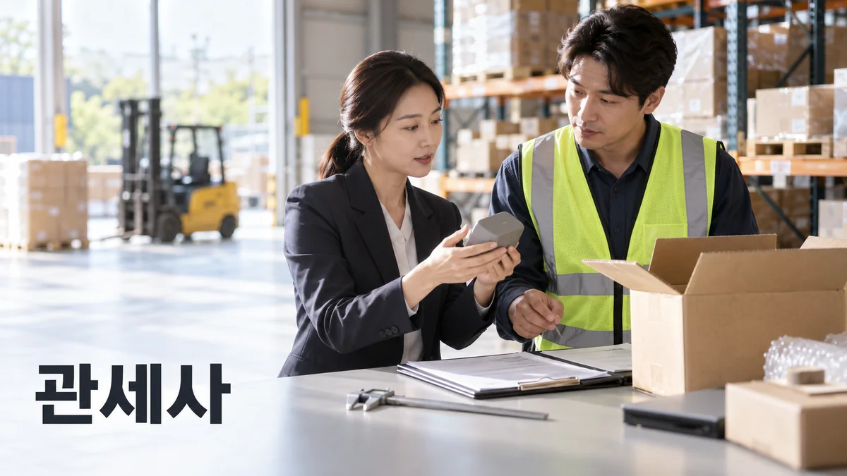 관세사와 물류 담당자가 포장된 물품과 서류를 대조하는 모습을 표현한 기획 이미지.