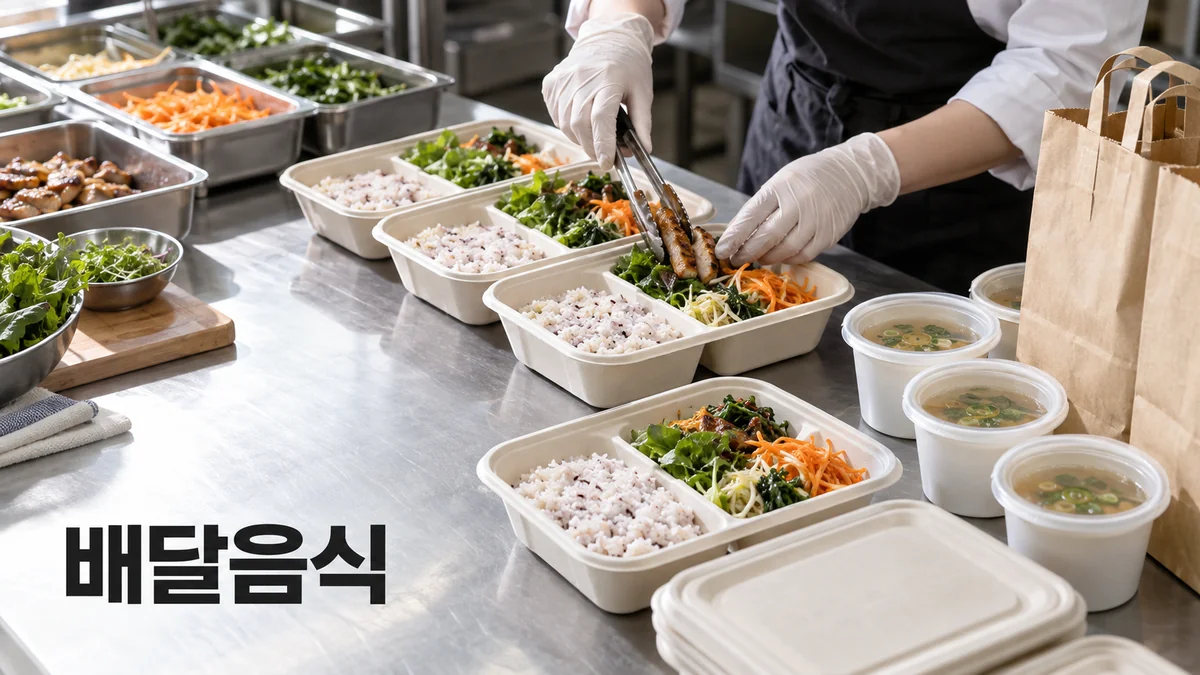 분리 용기에 밥과 반찬을 담아 배달 주문을 포장하는 모습을 표현한 기획 이미지.