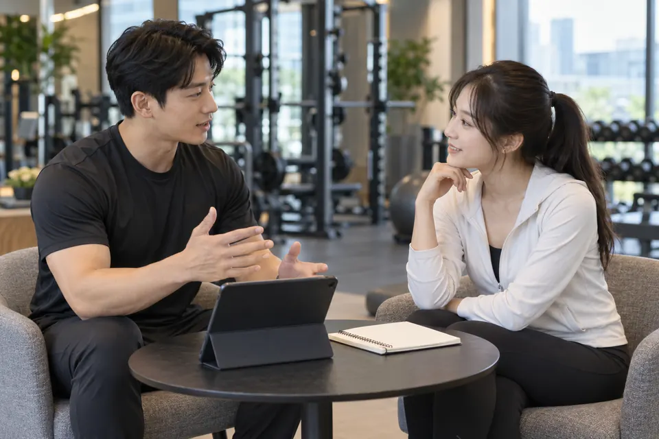 코치와 이용자가 태블릿을 보며 나누는 상담