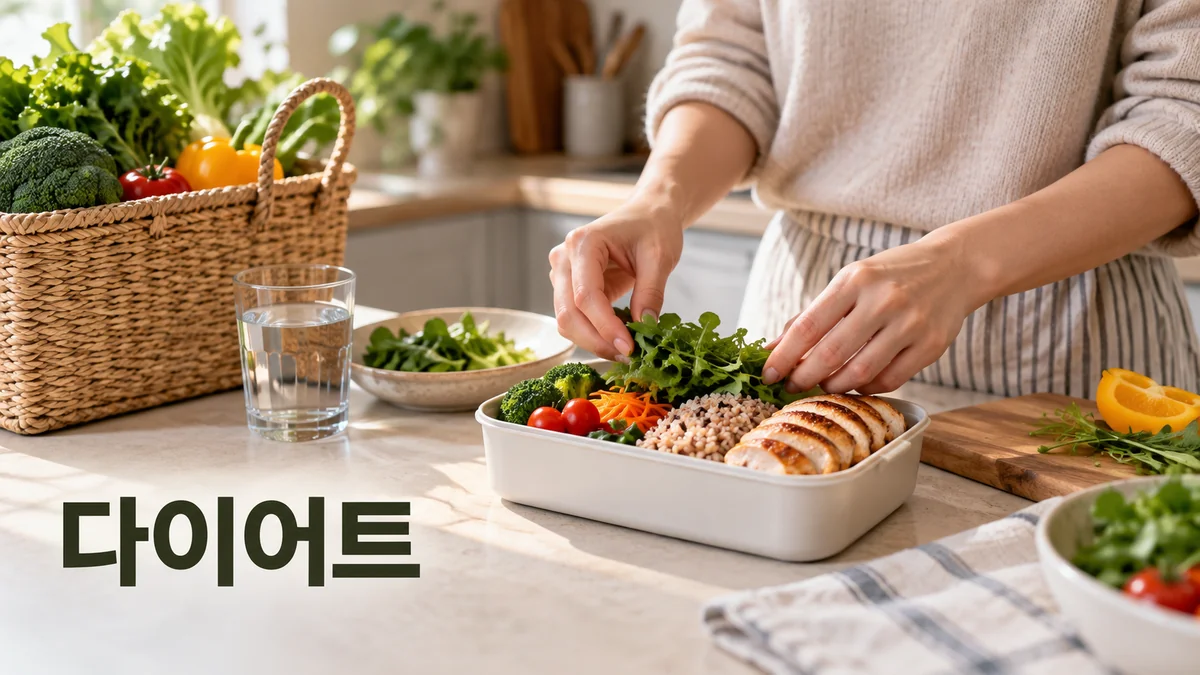 다양한 식재료로 한 끼 도시락을 준비하는 모습을 표현한 식생활 기획 이미지.