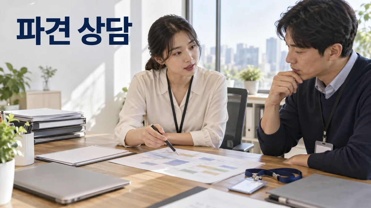 업무 일정표를 함께 살펴보며 파견 상담을 진행하는 두 성인을 표현한 기획 이미지입니다.