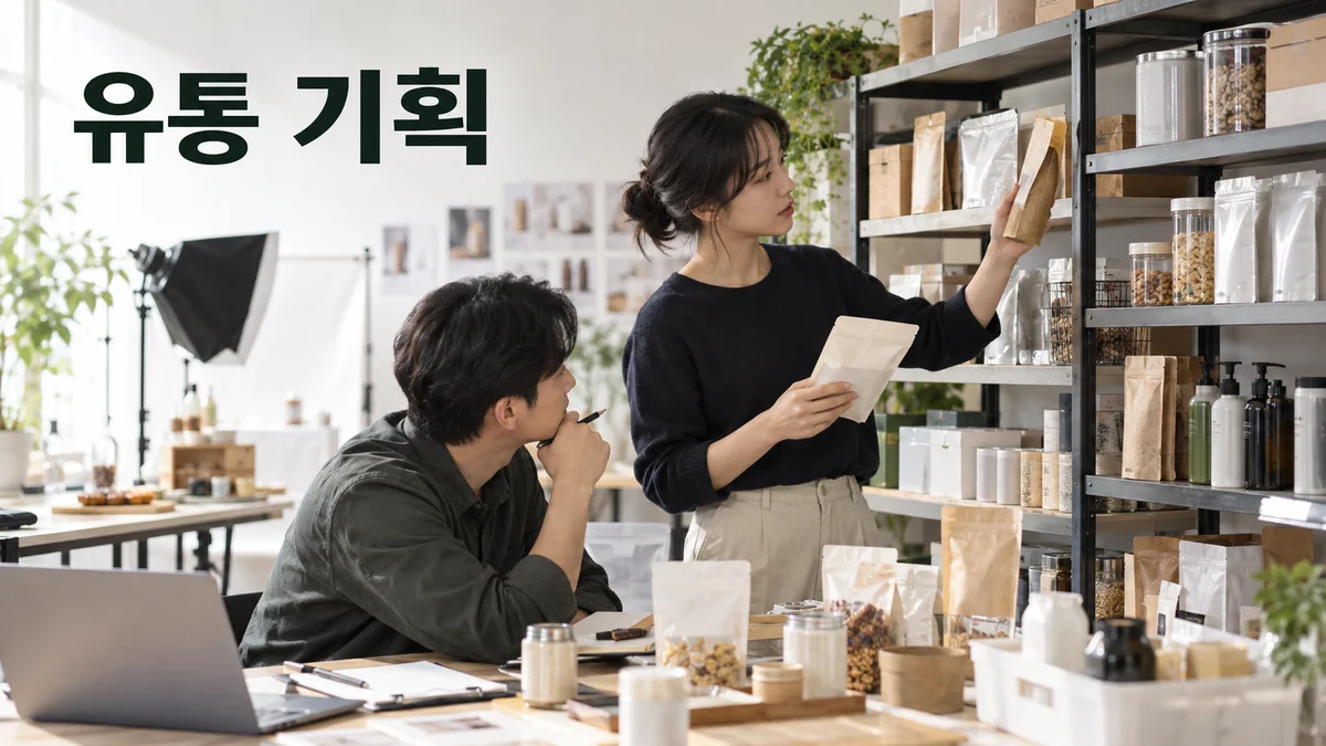 제품 진열대의 포장 규격을 비교하는 유통 기획자를 표현한 기획 이미지입니다.