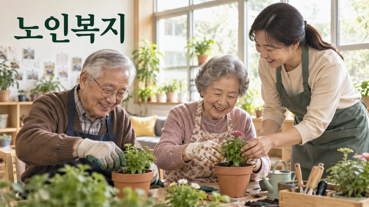 활동실에서 노년 참여자들이 지도자와 함께 화분을 가꾸는 기획 이미지입니다.