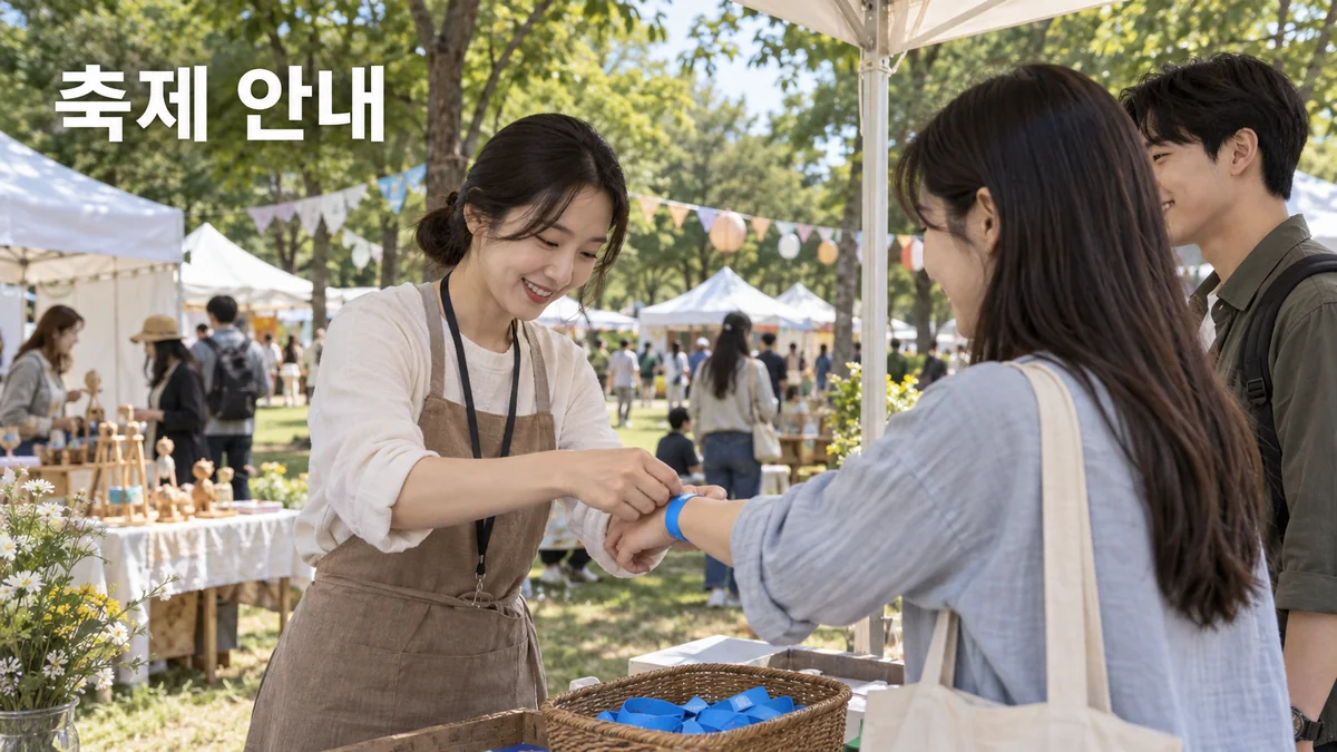 야외 축제 체험 공간에서 운영자가 방문객에게 입장 밴드를 채워주는 기획 이미지입니다.