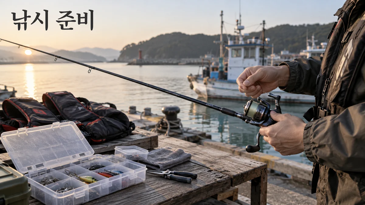 선착장에서 낚시인이 릴과 낚싯줄을 점검하는 장비 준비 기획 이미지입니다.
