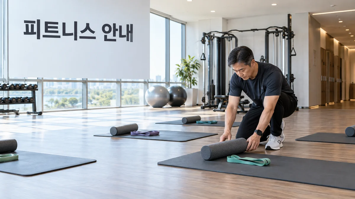 피트니스 센터에서 트레이너가 그룹 수업용 매트와 폼롤러를 준비하는 기획 이미지입니다.