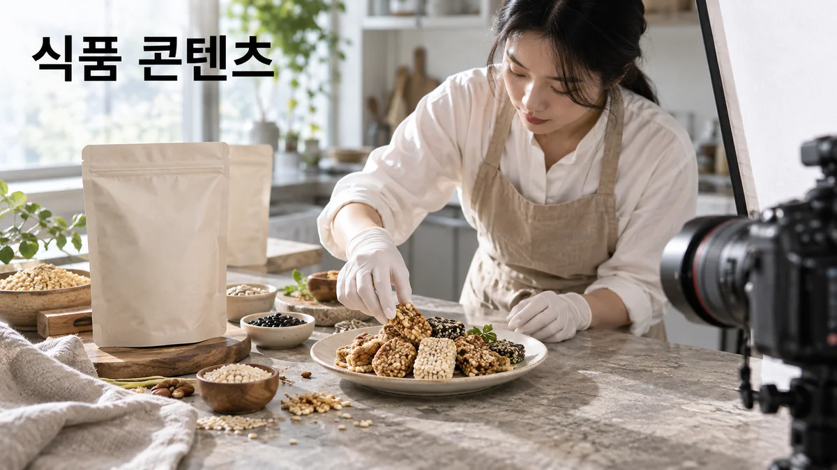 식품 촬영 공간에서 스타일리스트가 곡물 스낵을 접시에 배치하는 기획 이미지입니다.