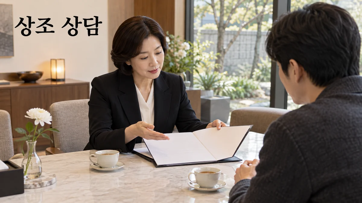 차분한 상담실에서 상담자가 서비스 항목을 설명하는 상조 상담 기획 이미지입니다.