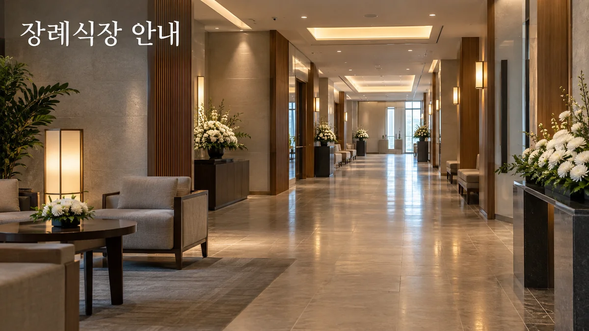 휴식 좌석과 흰 꽃이 정돈된 장례식장 접객 공간을 표현한 기획 이미지입니다.