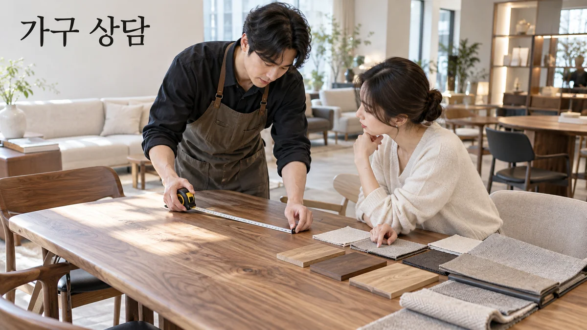 가구 쇼룸에서 테이블 치수와 목재·패브릭 샘플을 함께 확인하는 기획 이미지입니다.