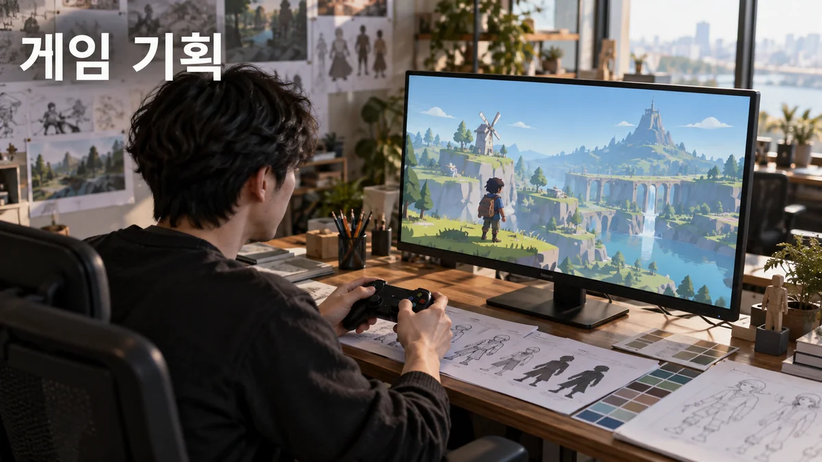게임패드로 가상 탐험 게임의 화면을 확인하는 디자이너를 표현한 기획 이미지입니다.