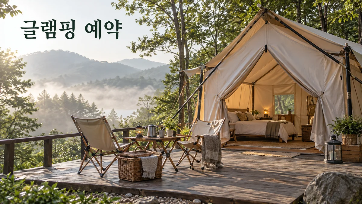 침대와 야외 데크가 준비된 숲속 글램핑 공간을 표현한 기획 이미지입니다.