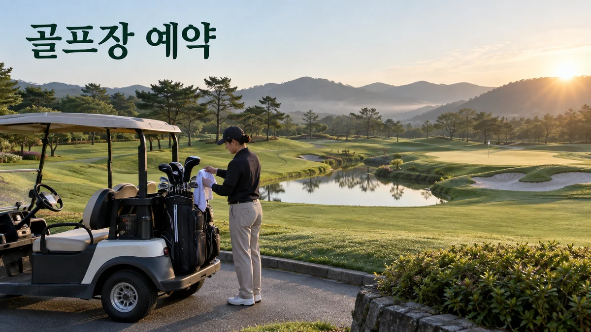가상의 골프장에서 직원이 카트 옆 골프백과 타월을 준비하는 기획 이미지입니다.