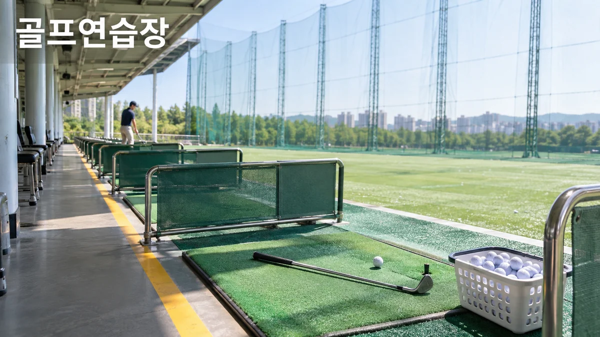 안전 칸막이와 공 바구니가 있는 골프연습장 타석을 표현한 기획 이미지입니다.