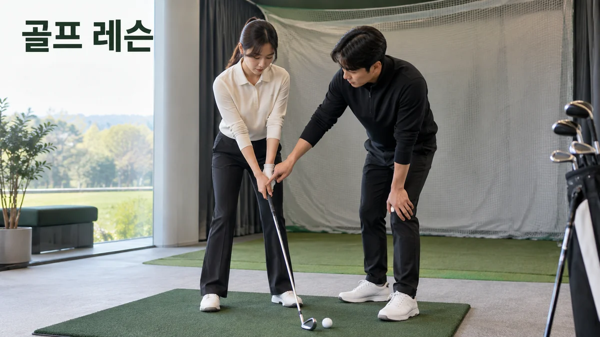 실내 연습 공간에서 코치가 성인 입문자에게 클럽 그립을 설명하는 기획 이미지입니다.