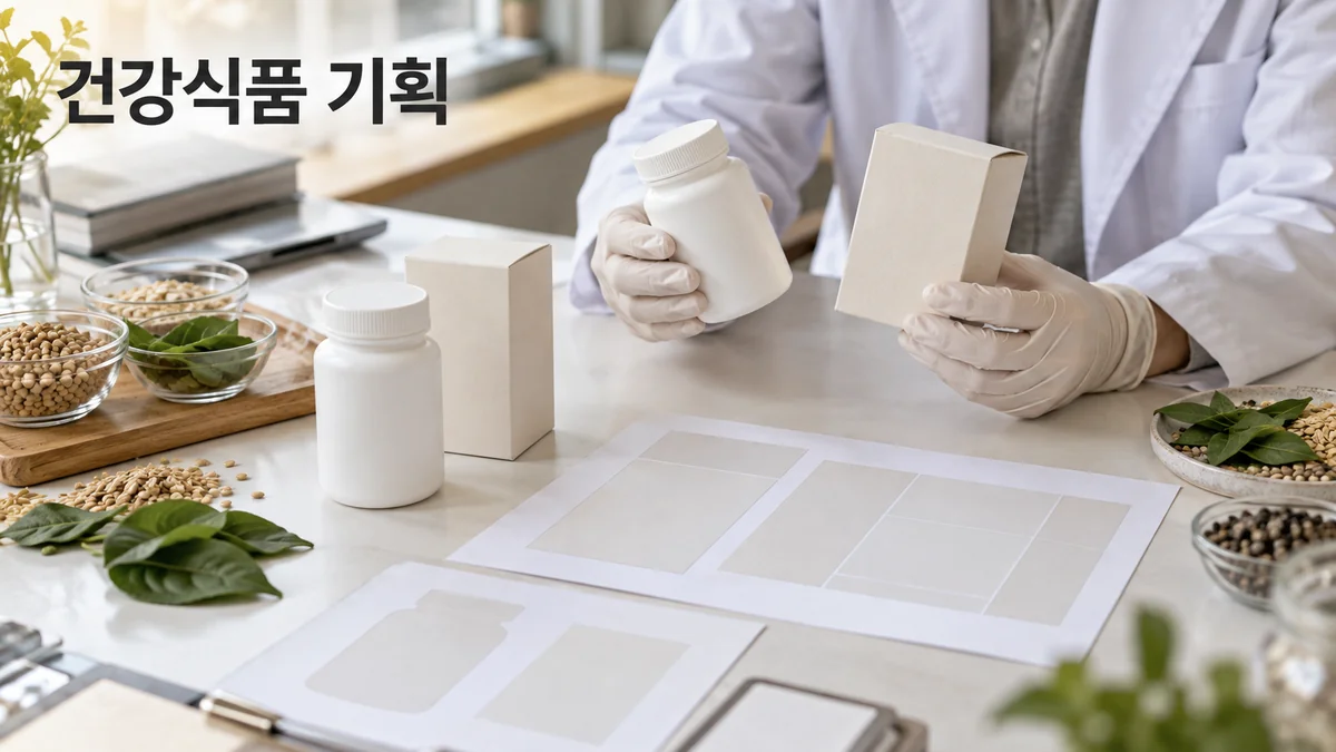건강식품 기획 작업대에서 담당자가 포장 용기와 설명자료를 비교하는 기획 이미지입니다.