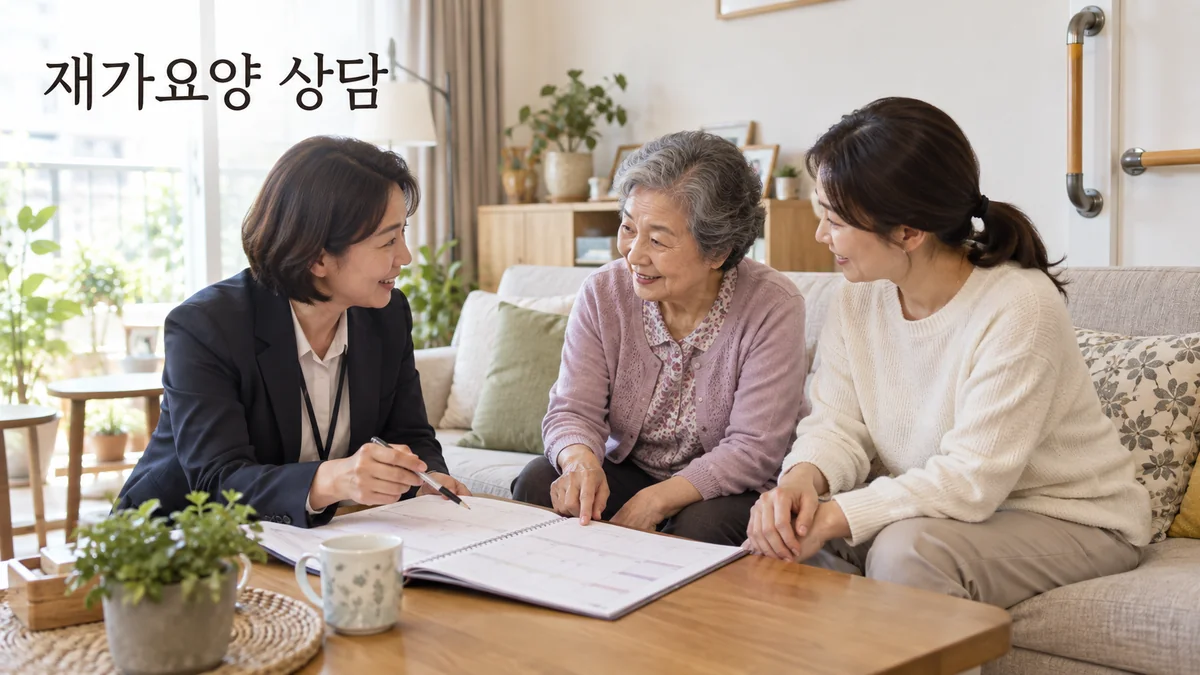가정 거실에서 노년 이용자와 가족이 방문 상담자와 일정표를 살펴보는 기획 이미지입니다.