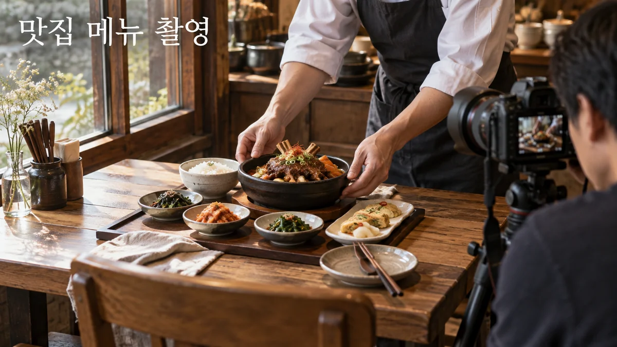 음식점에서 요리사가 한식 메뉴를 차리고 사진가가 촬영을 준비하는 기획 이미지입니다.