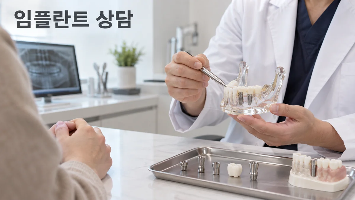 치과 상담자가 임플란트 교육용 모형과 부품을 성인 고객에게 설명하는 기획 이미지입니다.