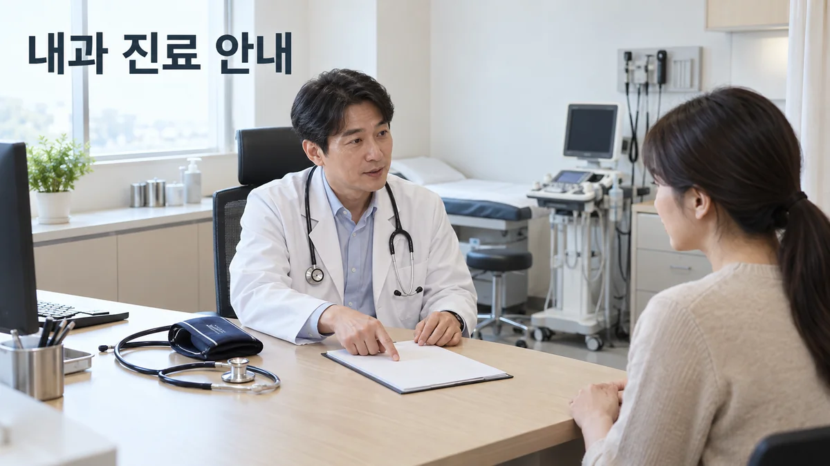 내과 진료실에서 의료진이 성인 환자에게 안내 자료를 설명하는 기획 이미지입니다.