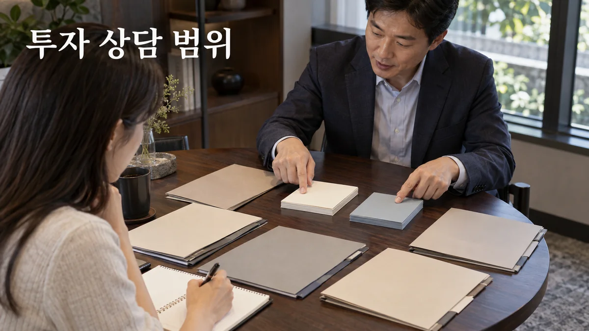 투자 상담자와 고객이 안내 폴더와 질문 카드를 나누어 검토하는 기획 이미지입니다.