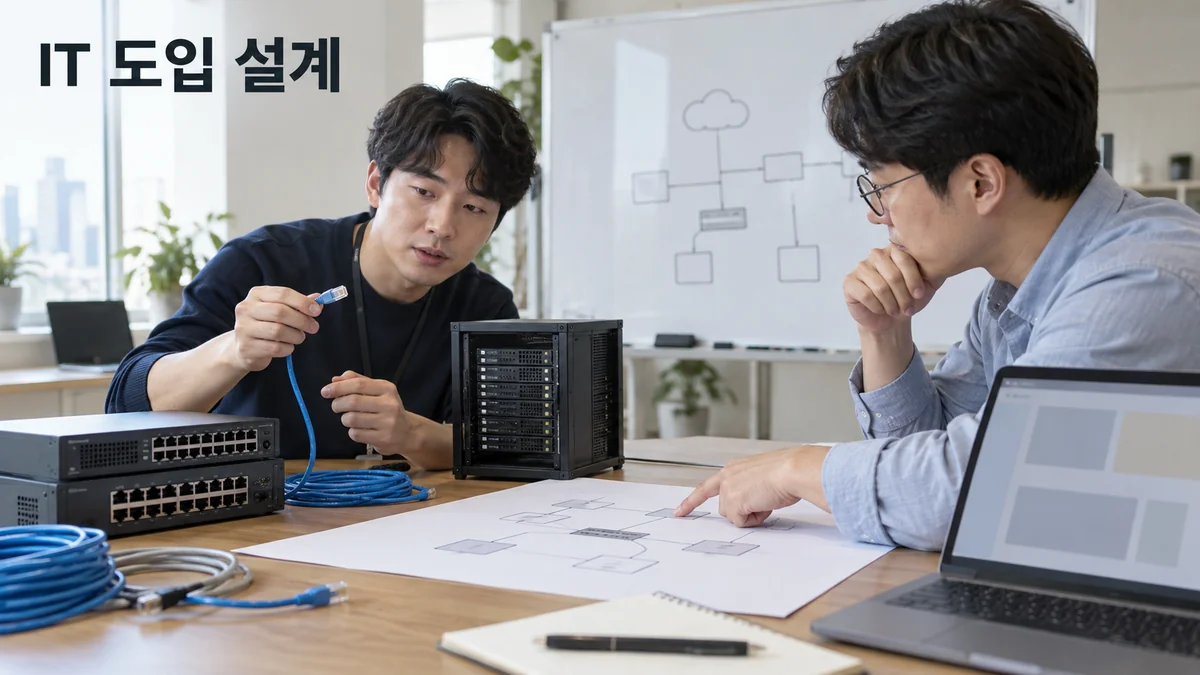 두 담당자가 네트워크 장비와 케이블, 연결 도면을 함께 살펴보는 기획 이미지입니다.