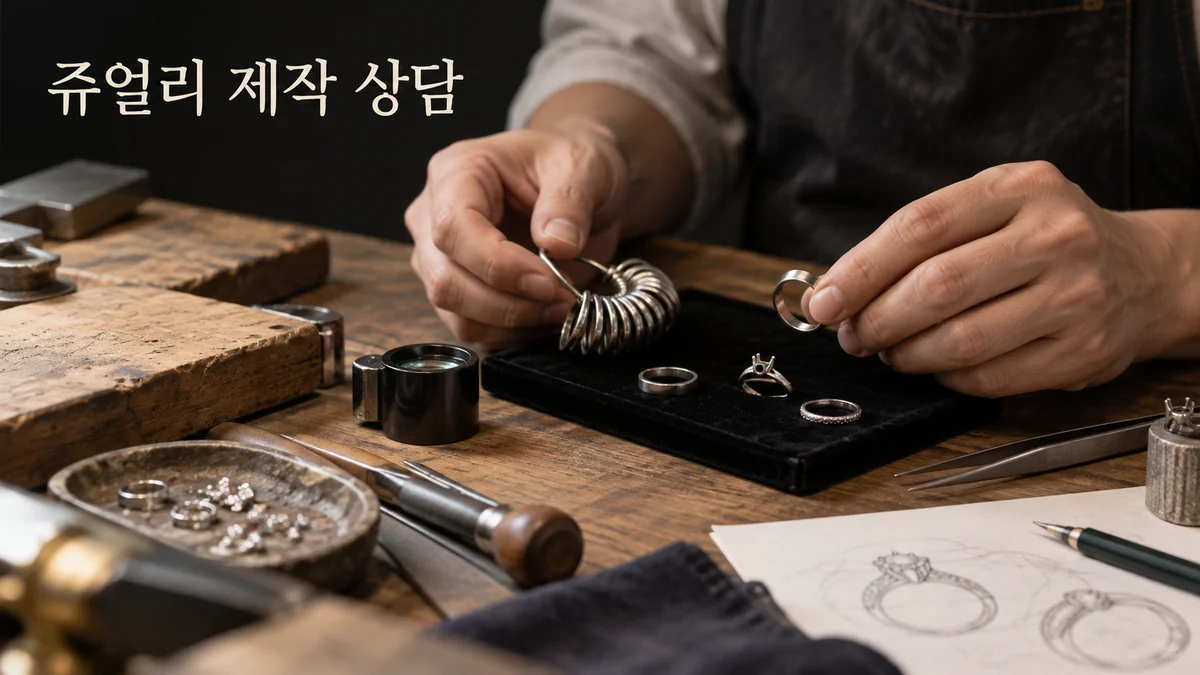 보석 공방에서 장인이 반지 샘플과 사이즈 게이지를 비교하는 기획 이미지입니다.