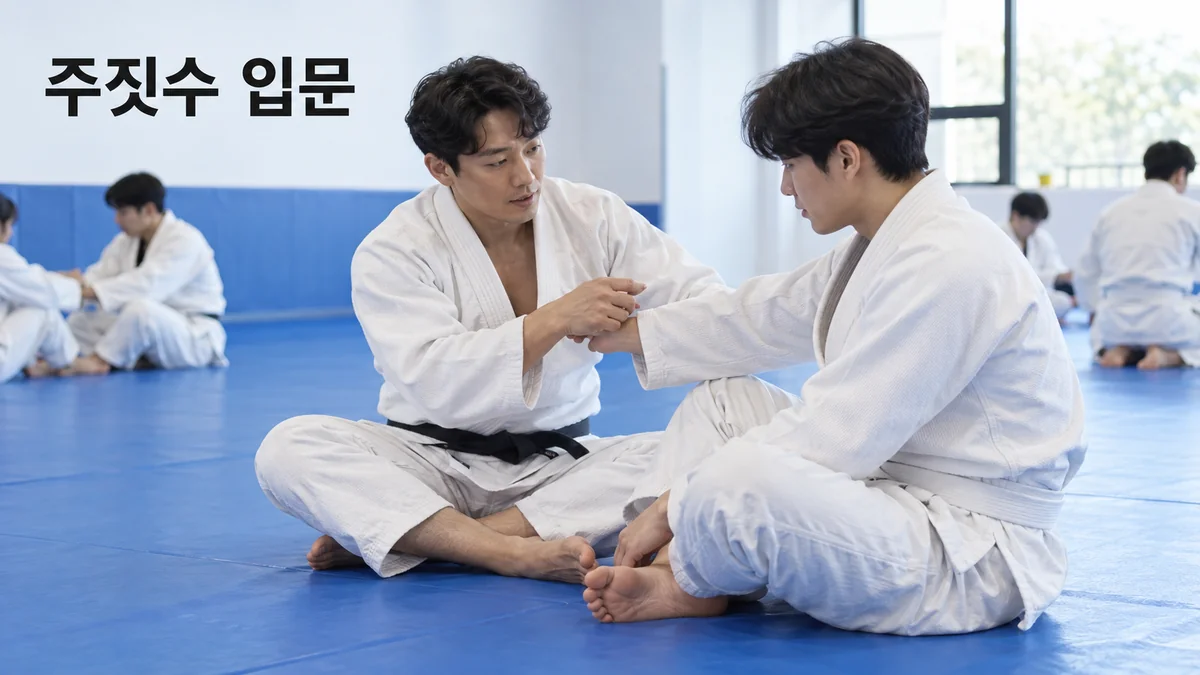 주짓수 지도자가 매트에 앉아 성인 입문자에게 기본 손잡기를 설명하는 기획 이미지입니다.