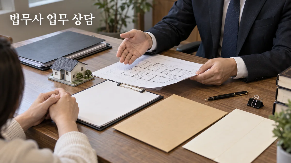 법무사 상담자가 건물 도면과 서류철을 놓고 고객에게 준비 자료를 설명하는 기획 이미지입니다.