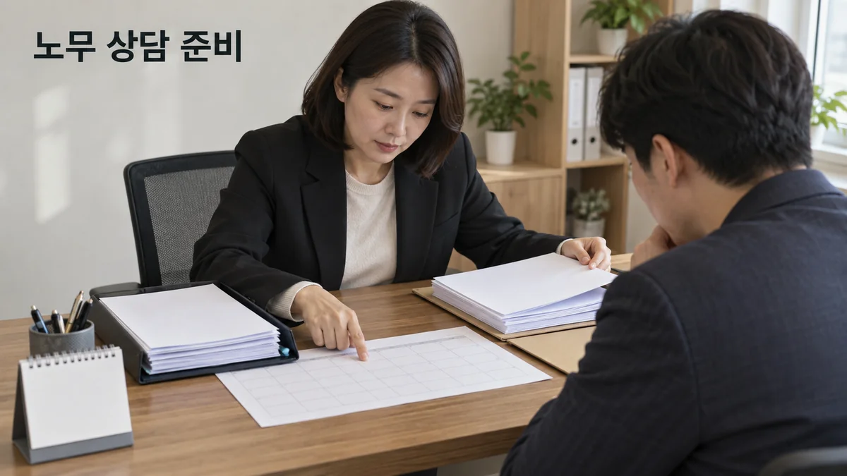 노무 상담자가 고객과 근무 일정표 및 서류 묶음을 살펴보는 기획 이미지입니다.