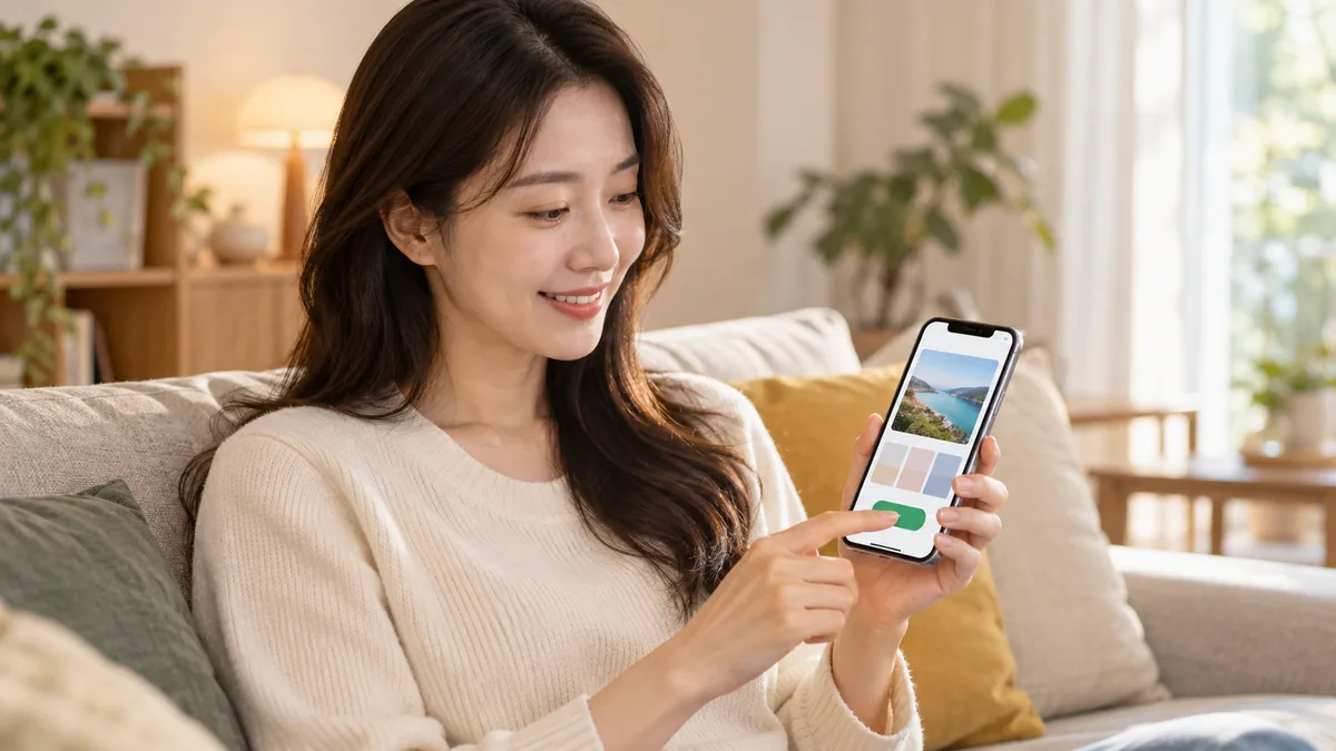 손님이 소파에 앉아 스마트폰으로 한 화면짜리 안내 페이지를 내려 보며 문의 버튼을 누르려는 기획 이미지