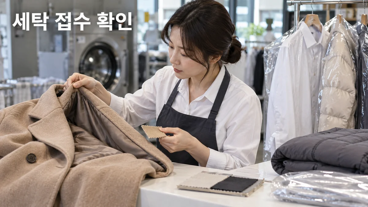 세탁소 담당자가 코트 안감과 천 샘플을 살펴보며 의류 소재를 확인하는 기획 이미지입니다.