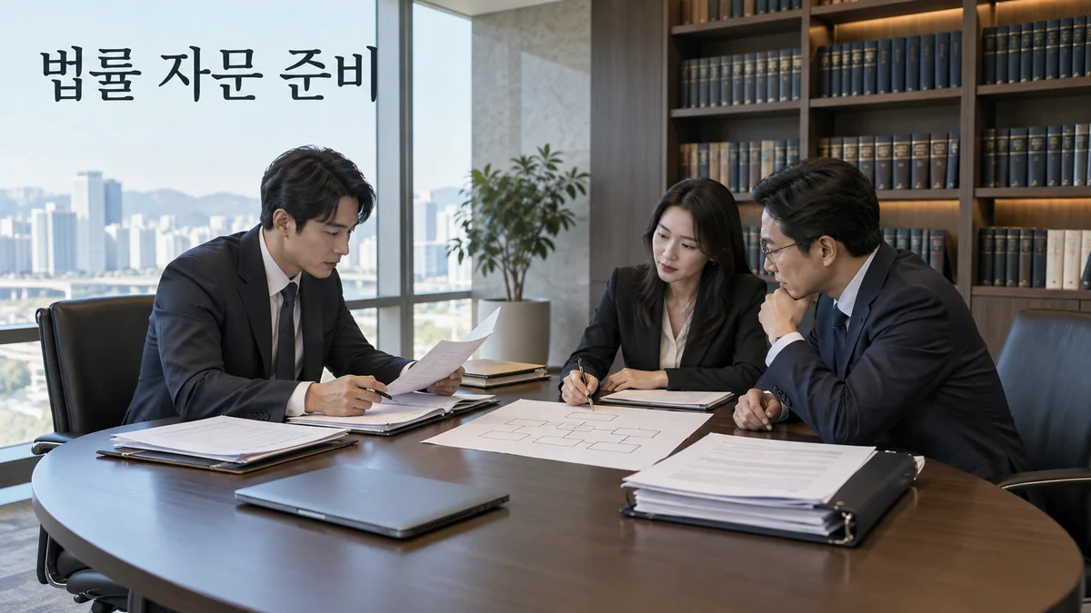 법률 상담자와 기업 담당자가 회의실에서 서류 및 업무 구조 도형을 검토하는 기획 이미지입니다.