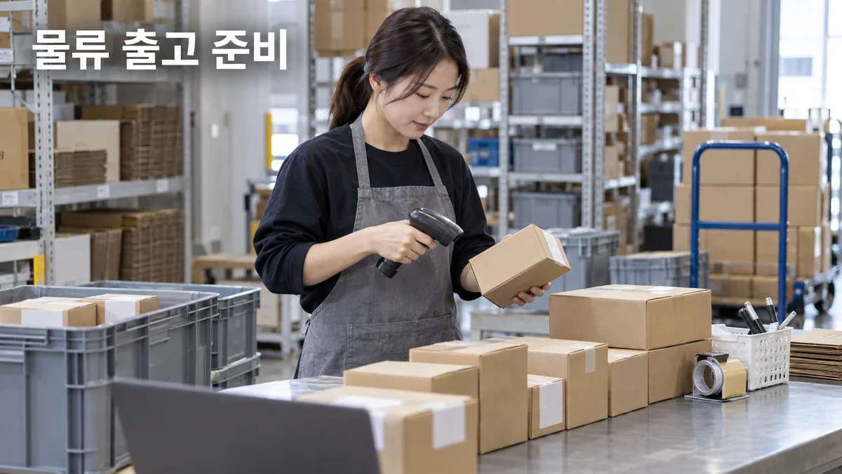 물류 창고 작업자가 소형 상자와 스캐너를 사용해 출고 물품을 확인하는 기획 이미지입니다.