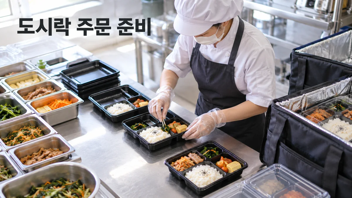 조리 담당자가 구획 도시락에 반찬을 담고 포장을 준비하는 기획 이미지입니다.