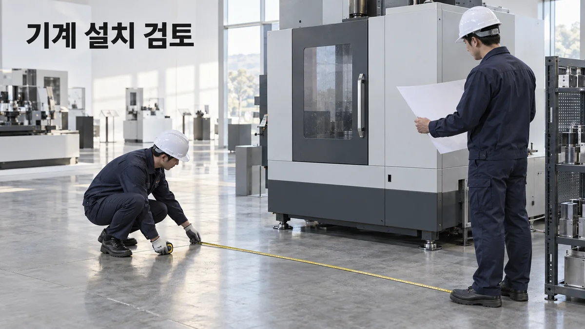 두 엔지니어가 정지된 산업 기계 주변의 설치 공간을 줄자와 도면으로 확인하는 기획 이미지입니다.