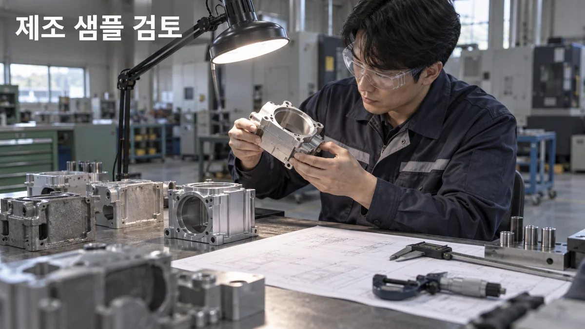제조 기술자가 검사 조명 아래에서 금속 가공 샘플의 표면을 살펴보는 기획 이미지입니다.