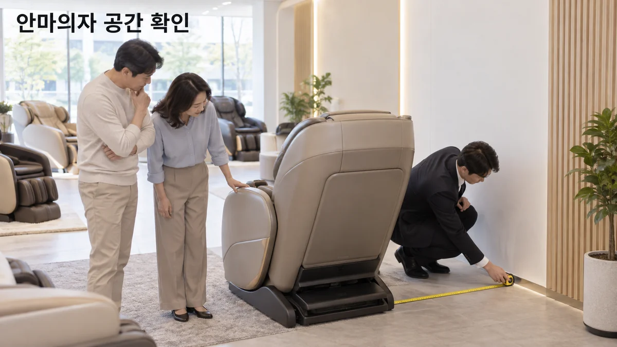 안마의자 매장에서 담당자와 고객이 제품 뒤쪽의 설치 여유 공간을 확인하는 기획 이미지입니다.
