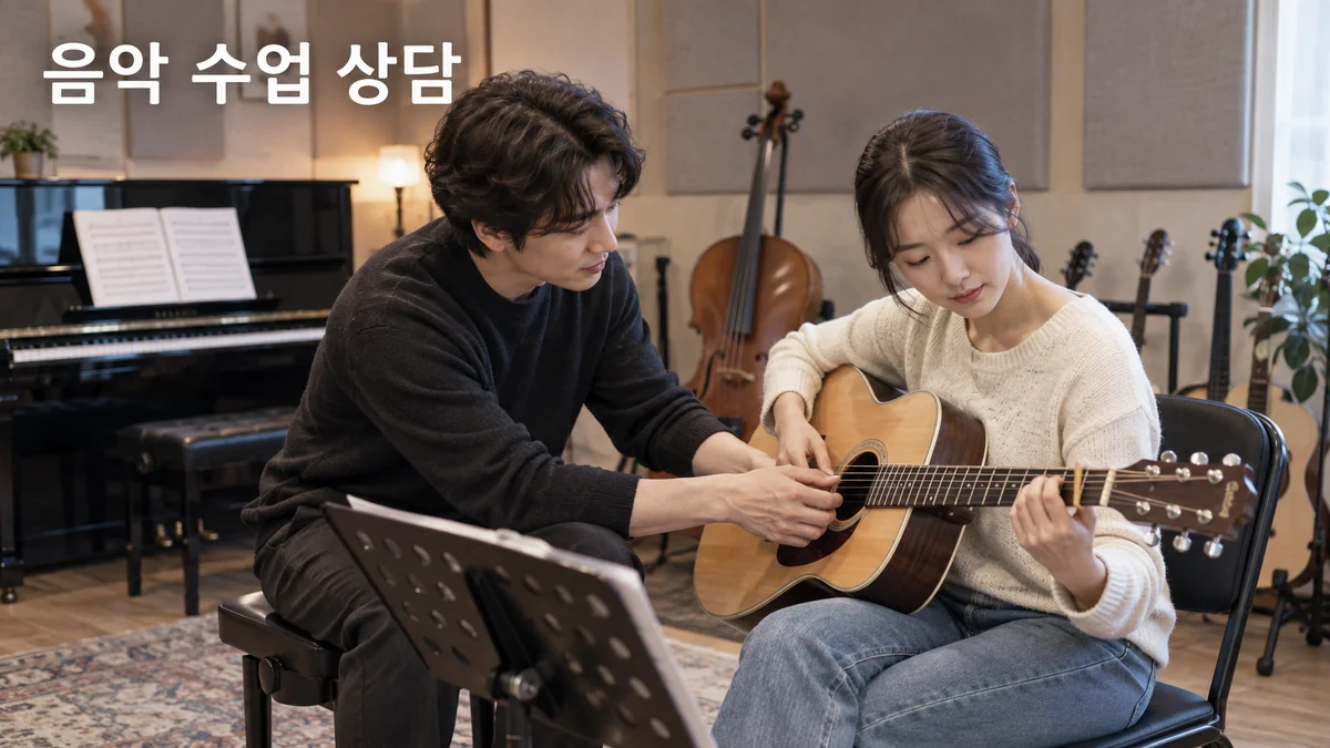음악 강사가 성인 학습자에게 기타를 잡고 연주를 준비하는 방법을 설명하는 기획 이미지입니다.